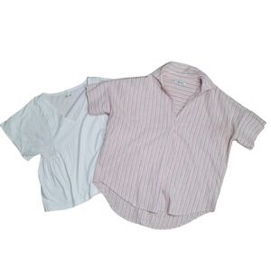 Madewell Courier Button-Back Shirt in Brampton Stripe White Tee Bundle XS